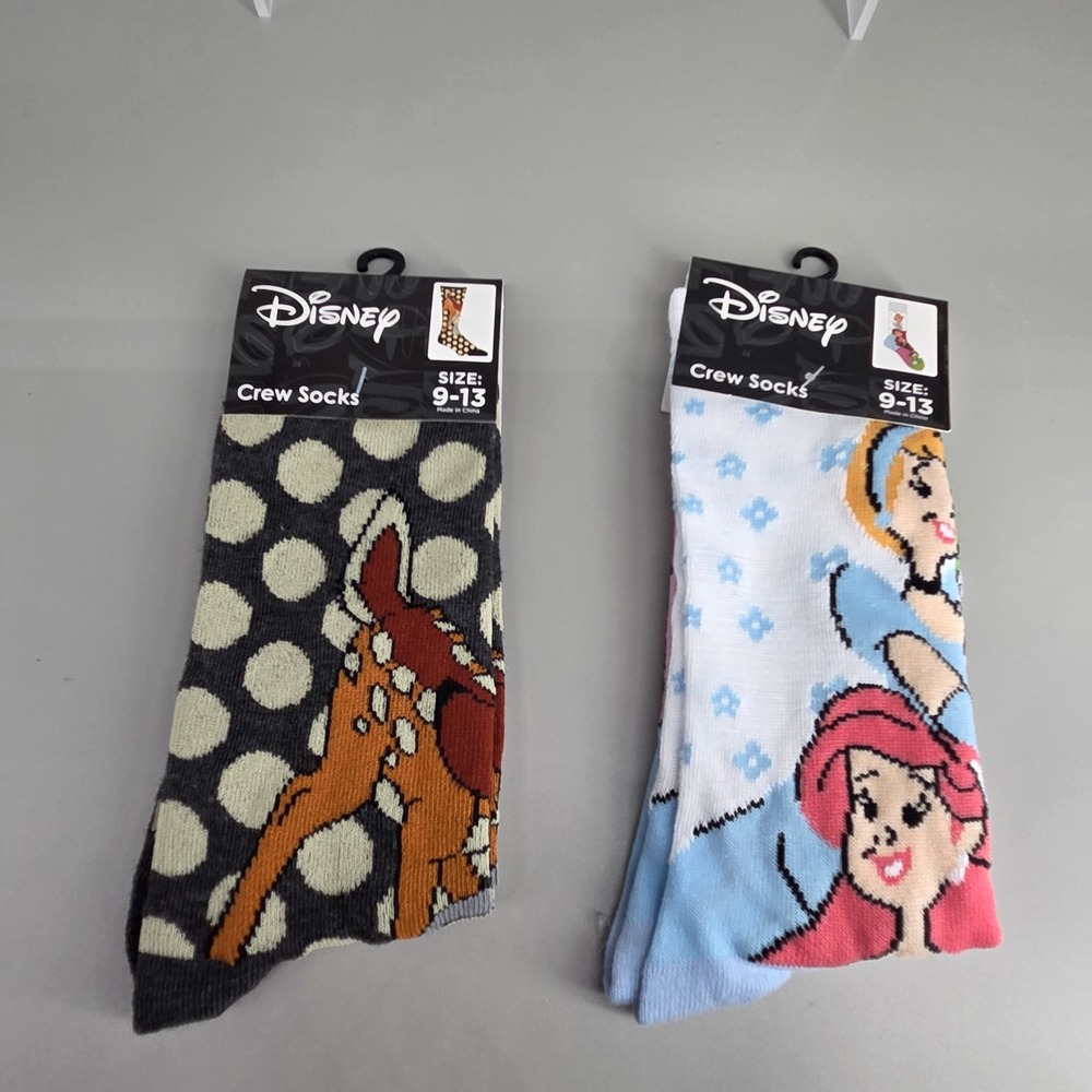 Disney Crew Socks 2 Pair Women Size 9-13 Bambi Princess Ariel Cinderella NWT